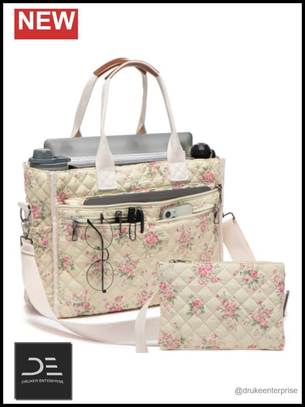 Large Quilted Cotton Tote Bag, 14 Pockets, Laptop Crossbody Handbag for Work